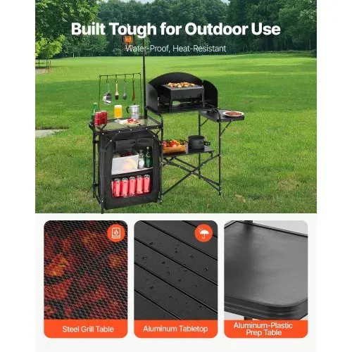VEVOR Camping Küchentisch Outdoor Kochtisch, tragbare Kochstation aus Aluminium mit Lagerschrank & Tragetasche, & abnehmbarer Windschutzscheibe, für Grillpartys Picknicks Wohnmobilreisen, schwarz – Bild 2