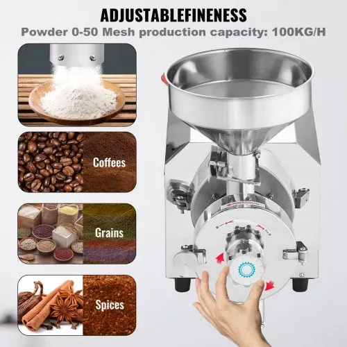 VEVOR Sojabohnenmühle kommerzielle Mahlmaschine für Gewürze 3000 W, 100 kg/h Effizienz Edelstahl-Maismühle, industrielle Mehlmühle für Pfeffer Sojabohnen Erdnüsse Maiskörner 605 x 290 x 460 mm – Bild 3
