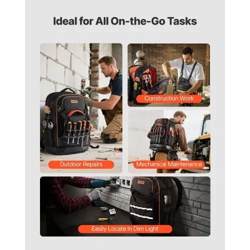 VEVOR Werkzeugrucksack, 65 Taschen, Werkzeug-Aufbewahrungs-Organizer, Backpack mit Laptopfach & geformtem Boden, Baustellenrucksack für Elektriker, Reparaturarbeiter & Heizungstechniker – Bild 5
