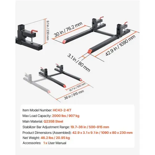 VEVOR Palettengabeln 907 kg, Gabelträger zum Anklemmen, 1090 mm Gesamtlänge, Gabelzinken mit verstellbarer Stabilisatorstange für Traktoranbaugeräte, Ladeschaufel und Kompaktlader, Schwarz – Bild 6