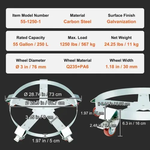 VEVOR Fassroller 250L Transportroller Kohlenstoffstahl Rollbrett Innendurchmesser Ø607mm Fasswagen mit 5 Universalrädern (2 mit Bremsen) Transportwagen zum Transport von Fass bis zu 567kg – Bild 6