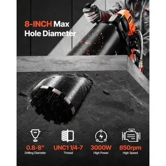VEVOR Diamantkernbohrmaschine Kernbohrgerät, 2-20 cm Bohrdurchmesser, Nass Trocken Diamantbohrer mit 8 Bohrern & Bohrständer, 850 U/min, UNC1 1/4-7 Gewinde, für Beton Ziegel Stein, 3000 W VEVOR Diamantkernbohrmaschine Kernbohrgerät, 2-20 cm Bohrdurchmesser, Nass Trocken Diamantbohrer mit 8 Bohrern & Bohrständer, 850 U/min, UNC1 1/4-7 Gewinde, für Beton Ziegel Stein, 3000 W