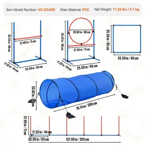 VEVOR Hunde-Agility-Trainingsausrüstung, 5-teiliges Set mit verstellbaren hohen Hürden, 6 Slalomstangen, Tunnel, Sprungring, Pausenbox, Pfeife, faltbarer Schüssel, Hindernisparcours-Set für Welpen mit Aufbewahrungstaschen – Bild 6