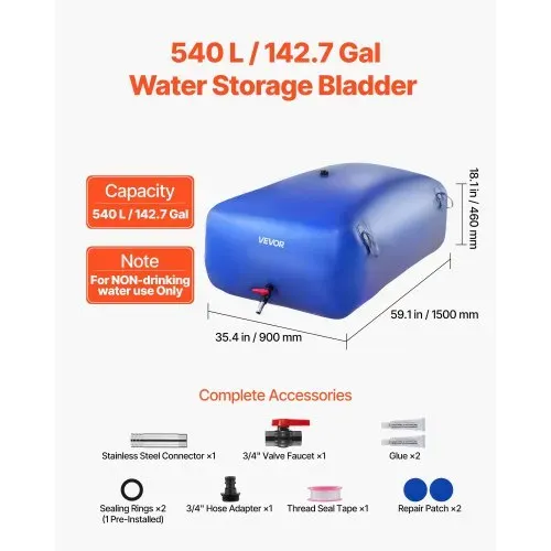 VEVOR Wasserblasen Aufbewahrungsbehälter 540 L, Wasserspeicherbeutel aus strapazierfähiges 1000D PVC, Wasserspeicherblase, ideal für Camping, Gartenbewässerung, RV & Notfälle, blau VEVOR Wasserblasen Aufbewahrungsbehälter 540 L, Wasserspeicherbeutel aus strapazierfähiges 1000D PVC, Wasserspeicherblase, ideal für Camping, Gartenbewässerung, RV & Notfälle, blau