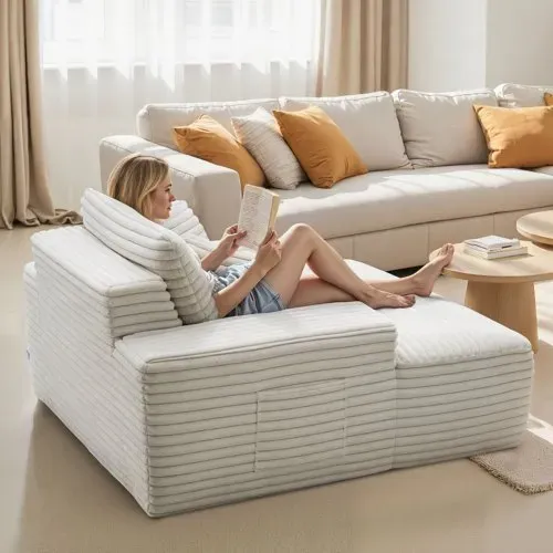 VEVOR Chaiselongue Relaxliege 138cm, gepolstertes Schlafsofa mit Dekokissen & Armlehnen, Schlafcouch mit tiefer Sitzfläche für Wohnzimmer Schlafzimmer, Loungesessel aus hochelastischem Schwamm Beige – Bild 7