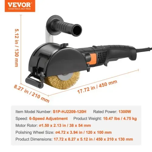 VEVOR Poliermaschine, 1300 W, 6 variable Geschwindigkeiten, Oberflächenbearbeitungswerkzeug, handgeführte elektrische Metall-Poliermaschine mit Stahldraht-Polierrad für Edelstahl – Bild 6
