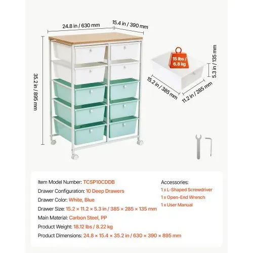 VEVOR Rollwagen mit 10 Schubladen Doppelreihe PP 630x390x895mm Blau Weiß, Metallgestell, Holztischplatte, Handgriffe, Lenkrolle mit 2 Bremsen, Mobiler Schubladenwagen für Büro Werkstatt Bastelzimmer – Bild 6