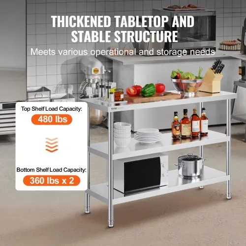 VEVOR Lebensmittel-Zubereitungstisch aus Edelstahl, Gewerblicher Küchenarbeitstisch, mit 2 verstellbaren Unterregalen, 457 x 1219 x 864 mm Zubereitungstisch für Grill, Küche, Zuhause – Bild 2