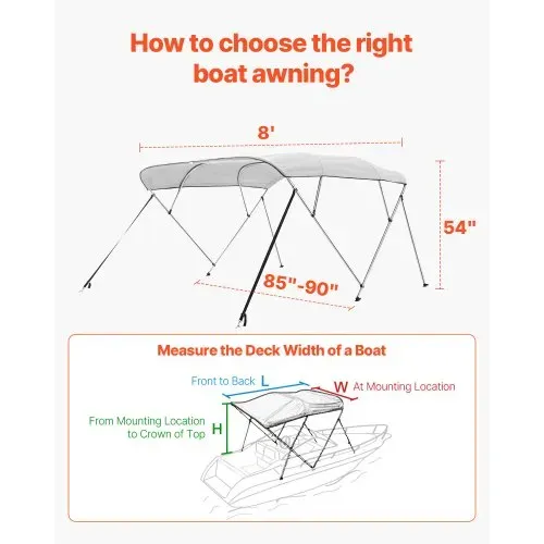 VEVOR Bimini Top Bootsabdeckung Sonnenverdeck (4 Bögen) aus 600D Polyester mit Rahmen aus Aluminiumlegierung, wasserdichte Sonnenschutz-Bootsmarkise mit Aufbewahrungstasche, 216-229 cm Hellgrau – Bild 4