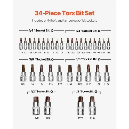 VEVOR Torx Bohrer Steckschlüsselsatz 34-tlg, massiver Stern & manipulationssicher T6-T70, S2-Legierungsstahl & Cr-V-Stahl, 1/4 & 3/8 & 1/2 Zoll Antriebe, mit Aufbewahrungskoffer, für Handbenutzung – Bild 2