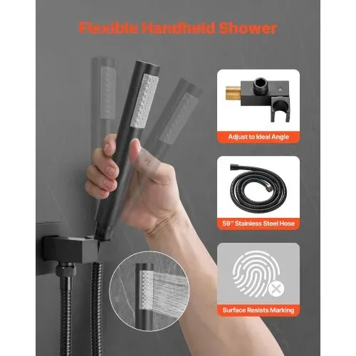VEVOR Duscharmatur Regenduschsystem fürs Badezimmer Duschsystem mit 254 mm quadratischen Regenduschkopf & Handbrause, wandmontierte Badezimmerarmaturen mit Messingventil & Zierset, Mattschwarz – Bild 2