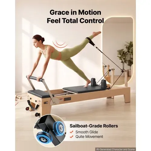 VEVOR Pilates Reformer Gerät 214 cm aus Ahornholz 181 kg Belastbarkeit für Heim-Fitnessstudios, Leises Gleiten, Verstellbare Kopfstütze, mit Pilates-Box, Jumpboard, Fußplattform und Fußschlaufen – Bild 3