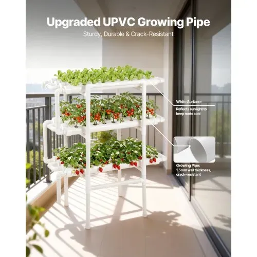 VEVOR Hydroponisches Pflanzensystem, 3-Ebenen, 108 Steckplätze, UPVC-Rohr-Anbausystem mit Zeitschaltuhr, Hydroponik Turm, Anzucht Set, Hydroponic Grow Kit für Gemüse, Obst & Kräuter, Weiß – Bild 4