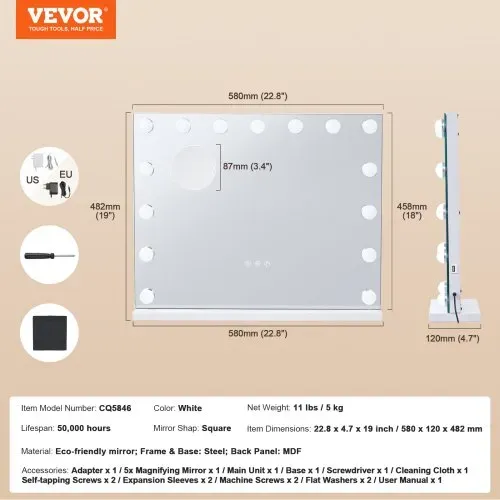 VEVOR Hollywood Schminkspiegel mit Beleuchtung, 15 dimmbare Glühbirnen & 3 Farbbeleuchtungsmodi, Kosmetikspiegel mit abnehmbarer 5-facher Vergrößerung, USB-Anschluss, Smart-Touch-Steuerung, 580x458mm – Bild 6