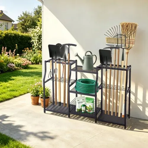 VEVOR Gartengeräte Ständer 1235x290x795mm 3-Stöckiger Gerätehalter Schwarz, Aufbewahrungsregal für Garage Schuppen Garten, Organizer aus Stahl für Besen Mopp Rechen, mit Ablagefächern & Nivellierfüßen – Bild 7
