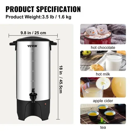 VEVOR Kommerzielle Heißgetränkespender Kaffee Heißwasserspender 50 Tassen, 1000 W Warmhaltebehälter Heißwasserspender 7,4 L Warmhaltebehälter Säfteimer für Büro, Partys, Café, Picknicks usw. – Bild 6