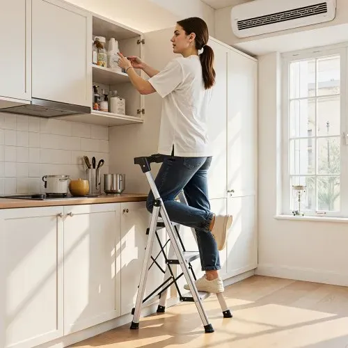 VEVOR Trittleiter 3 Stufen, Klappleiter mit Anti-Rutsch-Stufen & Komfortablem Handgriff, Haushaltsleiter Tragkraft 150 kg, Aluminium-Stehleiter, Sicherheitsleiter für Küche, Lager, Haushalt & Büro – Bild 7