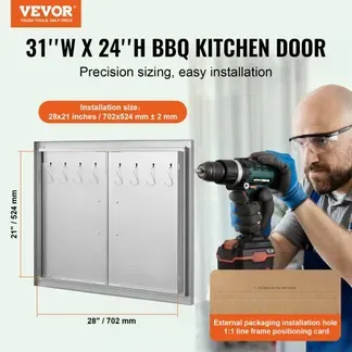 VEVOR Grill-Zugangstür, 787 x 609 mm, Doppelte Außenküchentür, Flächenbündig Montierte Edelstahltür, Doppelwandige vertikale Tür mit Griffen und Haken, für Grillinsel, Grillstation, Außenschrank VEVOR Grill-Zugangstür, 787 x 609 mm, Doppelte Außenküchentür, Flächenbündig Montierte Edelstahltür, Doppelwandige vertikale Tür mit Griffen und Haken, für Grillinsel, Grillstation, Außenschrank