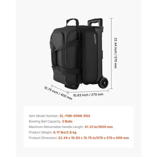 VEVOR Bowlingballtasche für 2 Bälle mit Doppelrollen & separatem Fach für Schuhe (bis US-Größe 16) & übergroßer Zubehörtasche, einziehbarer Griff lässt sich auf 105 cm ausziehen Schwarz – Bild 6