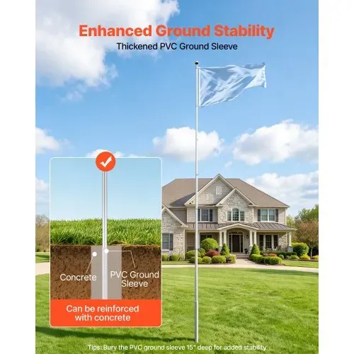 VEVOR Teleskop Fahnenmast 6 m, Flaggenmast-Set für den Außenbereich, Extra Dicke Aluminium-Fahnenstange mit PVC-Bodenhülse, Ideal für Garten, Private & Gewerbliche Nutzung, Silber – Bild 5