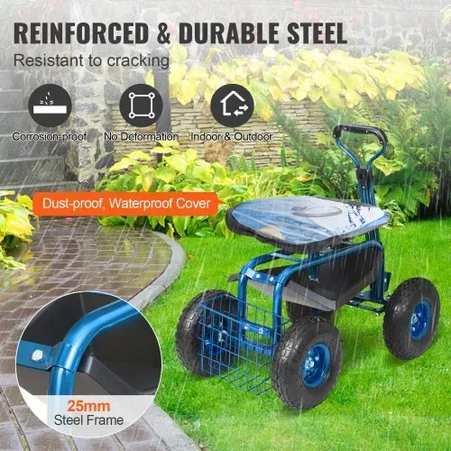VEVOR Rollsitz Werkstattwagen aus Stahl bis 136kg belastbar Gartenwagen mit 25cm Griff und 45-54cm höhenverstellbarem Sitz Rollwagen 30PSI Reifendruck Arbeitssitz Gartensitz blau – Bild 5