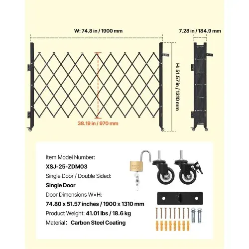 VEVOR Sicherheitstor (Einzel) abschließbares klappbares Scherentor mit 360°-Lenkrollen, einziehbare Stahltore Outdoor, für Eingangssicherheit Garage Lager, Falttor 190 x 131 cm (B x H) Schwarz – Bild 6