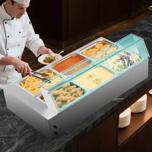 VEVOR kommerzieller Speisenwärmer (6 x 1/2 Größe Behälter), 1,5 kW elektrischer Wärmebehälter aus Edelstahl mit Glasabdeckung & Suppenkelle, Chafing Dishes für Catering Restaurant Party – Bild 7