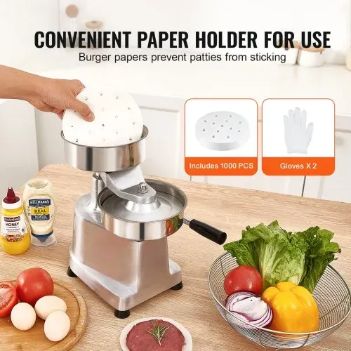 VEVOR Kommerzieller Burger-Patty-Maker, 150 mm/6 Zoll Hamburger-Rindfleisch-Patty-Maker, robuste, lebensmittelechte Edelstahlschüssel-Burgerpresse, Küchen-Fleischformmaschine mit 1000 Stück Patty-Papi – Bild 3