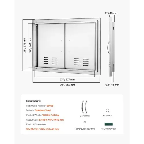 VEVOR Grill-Zugangstür, 762 x 533 mm, Doppelte Außenküchentür, Flächenbündig Montierte Edelstahltür, Vertikale Wandtür mit Griffen und Lüftungsschlitzen, für Grillinsel, Grillstation, Außenschrank – Bild 6