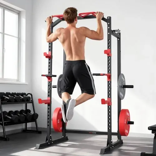 VEVOR Power Cage Power Rack, multifunktionales Squat-Rack mit verstellbarer Höhe, Heimfitnessgerät für Krafttraining mit J-Haken & weiteren Fitnessaufsätzen für Bankdrücken Klimmzüge Dips – Bild 7