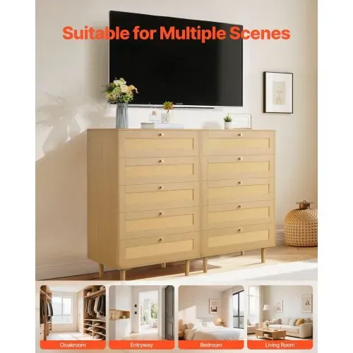 VEVOR Rattankommode Aufbewahrungsschrank mit 5 Schubladen & Metallgriffen & Holzbeinen, moderner Rattanschrank für Schlafzimmer Wohnzimmer Flur (70,2x40x106,5 cm) Kleidungsschrank Schubladenschrank – Bild 6