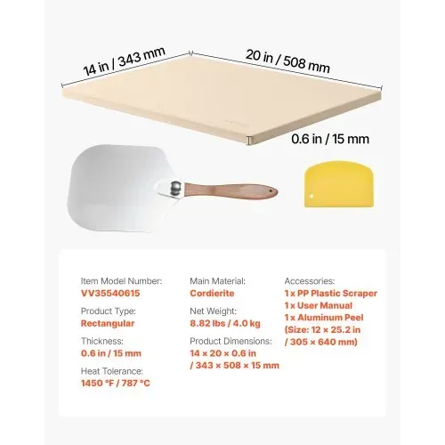 VEVOR Pizzastein Backstein 508 x 355 mm, rechteckiger Cordierit-Pizzastein, extra große Steinplatte mit Schaber & Schaufel, 1,5 cm dick, hitzebeständig, für Küchenofen Brotbacken Pizzabacken – Bild 6