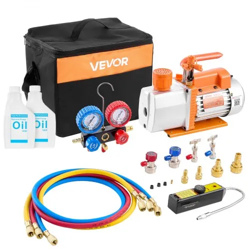 VEVOR Vakuumpumpe mit Manometer, 7 CFM 198 L/min, 2-stufige Drehschieber-Unterdruckpumpe, 550 W Vacuum Pump Kit für R134a, R22 & R410a, mit Lecksucher-Tragetasche, für Kfz-Klimaanlagen VEVOR Vakuumpumpe mit Manometer, 7 CFM 198 L/min, 2-stufige Drehschieber-Unterdruckpumpe, 550 W Vacuum Pump Kit für R134a, R22 & R410a, mit Lecksucher-Tragetasche, für Kfz-Klimaanlagen