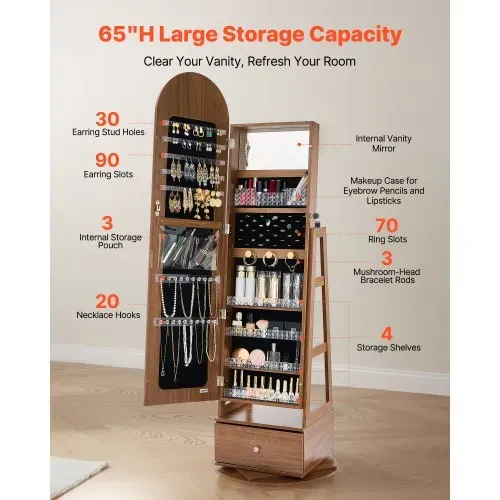 VEVOR 360° drehbarer Schmuckschrank (1655 mm hoch) mit Ganzkörperspiegel mit Stauraum, Schmuckschrank-Organizer mit 2 Schlüsseln & Zubehörtaschen & Ablagefächer & Schubladen, Schmuckaufbewahrung – Bild 2