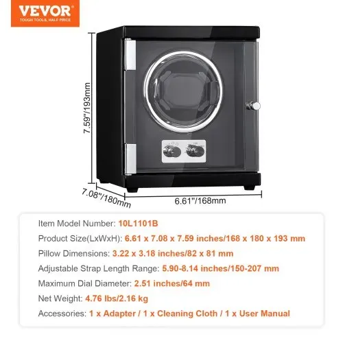 VEVOR Uhrenbeweger, Automatik-Uhrenbeweger, Watch Winder, Uhrenbeweger für Automatikuhren, Automatischer Uhrenbeweger mit Platz für 1 Uhr, LED Beleuchtung, 150–207 mm Einstellbare Riemenlänge – Bild 6