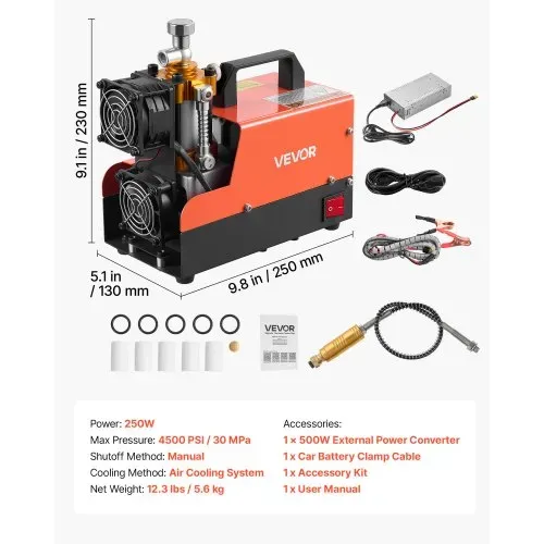 VEVOR PCP Luftkompressor 250W Luftgewehrkompressor 300bar DC 12V AC 230V, 4500PSI 30MPa, Lüfterkühlung, Manueller Stopp, Konverter für Heim & Outdoor, Hochdruckkompressor für Paintball Tauchflaschen – Bild 6