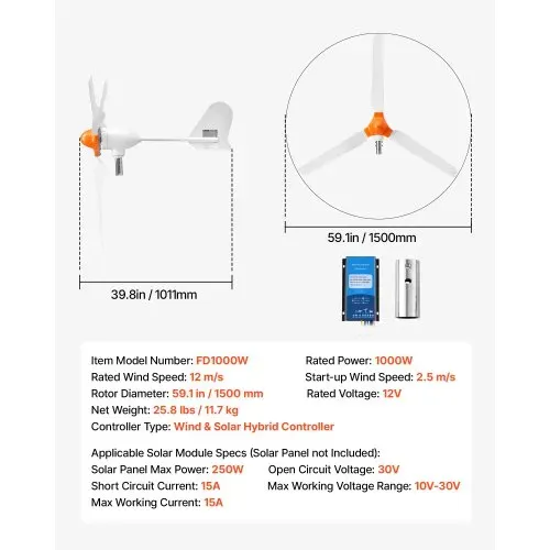 VEVOR 1000W 12V Horizontale Windkraftanlage mit Wind- & Solar-Hybridregler, 3 Rotorblätter, 3-Phasen-Wechselstrom, IP67 & Überladeschutz, MPPT- & PWM-Hybridregler, Windturbine für Haus & Inselsystem – Bild 6