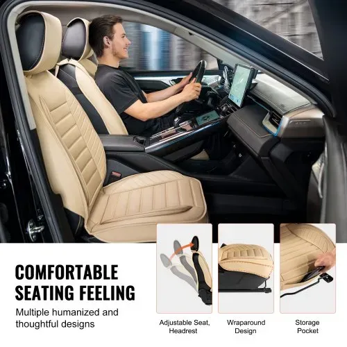 VEVOR Sitzbezüge, Universal Autositzbezüge Vordersitze, 2 Stk. Kunstleder Sitzbezug, Halbgeschlossenes Design, abnehmbare Kopfstütze und Airbag kompatibel, für die meisten Autos SUVs und Trucks Beige – Bild 6