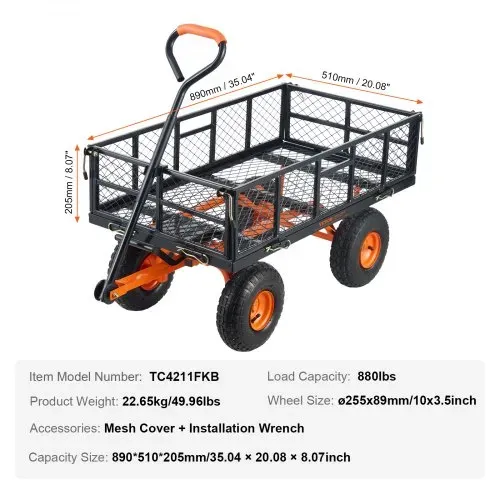 VEVOR Gartenkarre, Gartenwagen aus Metall mit einfach zu montierendem Rahmen, kippbarer Bollerwagen mit umwandelbarem 2-in-1-Griff, Allzweckschubkarre mit 400 kg Tragfähigkeit, 25,4 cm Reifen – Bild 6
