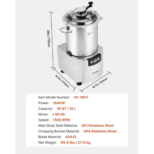 VEVOR Küchenmaschine Gemüsezerkleinerer 18 L Küchenmaschine aus lebensmittelechtem Edelstahl mit S-förmiger Klinge und Schaber, multifunktional zum Zerkleinern von Gemüse Obst Getreide Nüssen – Bild 6