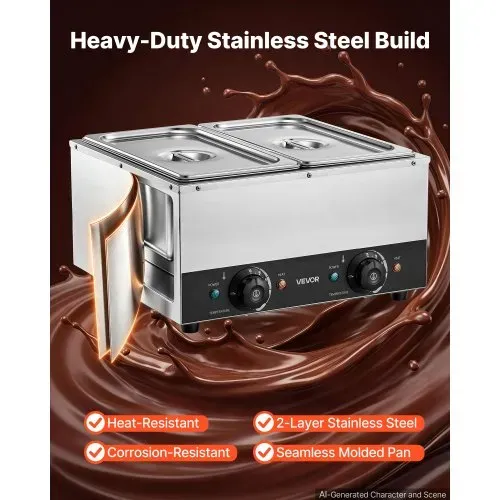 VEVOR Schokoladenschmelzmaschine 2 Abnehmbare Behälter Edelstahl 800+800 W, für Bäckereien, Restaurants, Separate Temperaturregelung je Behälter, 30–85 °C Trockenlaufschutz, Schokoladentempiermaschine – Bild 4