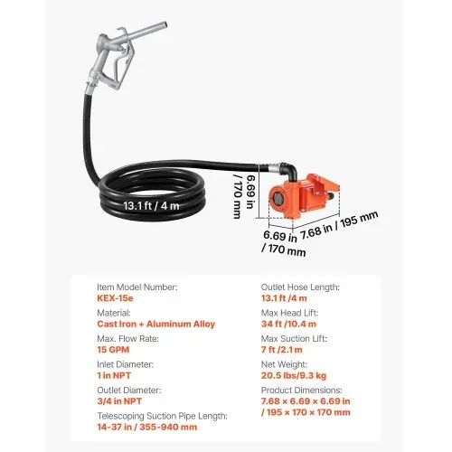 VEVOR Kraftstoffpumpe, 12 V DC, 57 L/min, Dieselpumpen-Set aus Gusseisen, mit manueller Düse, Förderschlauch, Überhitzungsschutz, Stromkabel, explosionsgeschützt, für Benzin, Diesel & Kerosin – Bild 6
