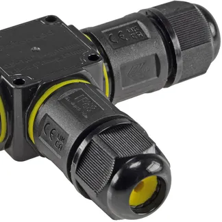 Kabelverbinder T-Form, IP68, 450V/24A Klemmanschluss, für Kabel Ø 6-11mm Kabelverbinder T-Form, IP68, 450V/24A Klemmanschluss, für Kabel Ø 6-11mm