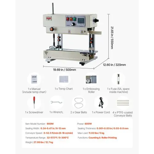 VEVOR Kontinuierliche Versiegelungsmaschine, 6-12 mm Siegelbreite, Vertikal, mit Rollendruck, Siegelmaschine Temperatur & Geschwindigkeit einstellbar, passend für 0,03-0,8 mm Plastikbeutel – Bild 6