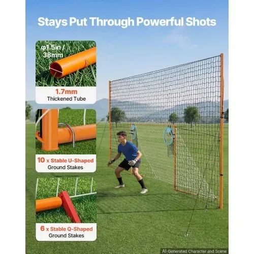VEVOR Fußballtor 272 x 151 cm Tragbares Soccertor mit Eisenrohrrahmen, für Gärten Parks und Schulen, mit Ballfangnetz, Zielnetz, PE-Netz über 110 km/h, Bodenankern und Abspannseilen für Naturrasen – Bild 3