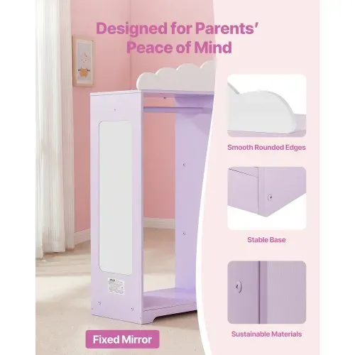 VEVOR Kinderkleiderschrank 91x30x103cm, Kindergarderobe mit Spiegel Kleiderstange Ablagen, Verkleidungsschrank aus MDF mit Schmuckkästchen für Mädchen, Kinderschrank für Kostüme Spielzeug Puppen, Lila – Bild 5