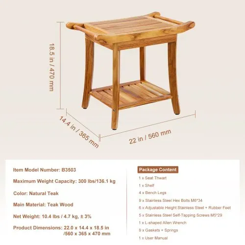 VEVOR Duschbank aus Teakholz, 56 x 36 x 47 cm, wasserdichter Duschhocker aus Holz mit Ablagefläche, Griff und rutschfesten Füßen, maximale Tragkraft 136 kg, für Badezimmer im Innen- und Außenbereich – Bild 6
