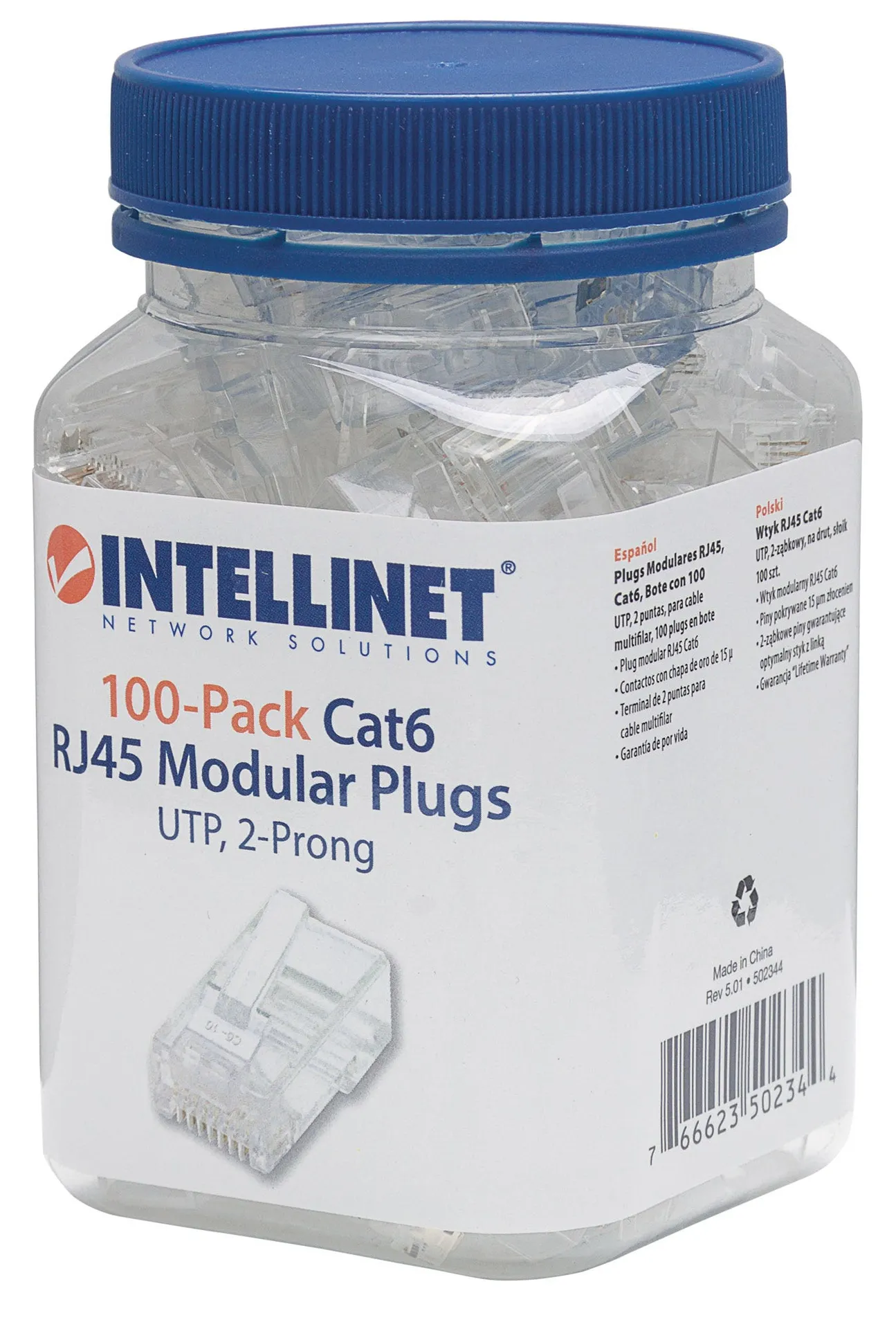 Intellinet 100er-Pack Cat6 RJ45-Modularstecker, UTP, 2-Punkt-Aderkontaktierung, für Litzendraht, 100 Stecker pro Becher – Bild 2
