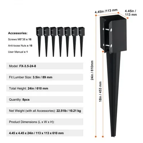 VEVOR Erdspieß für Zaunpfosten, 8er-Pack, 61 x 10 x 10 cm Außendurchmesser (Innendurchmesser 8,9 x 8,9 cm), Metall, schwarz pulverbeschichtet, Erdspieß für Briefkästen, Terrassen, Gartengeländer – Bild 10