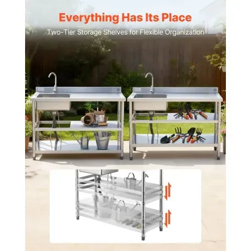 VEVOR Spültisch Spülbecken Edelstahl (120 x 50 x 94 cm), Einzelbecken mit Wasserhahn & 2 Ablagefächern, Küchenspüle für Garage Restaurant, Waschtisch Außenspüle mit Arbeitsplatte (recht) – Bild 2